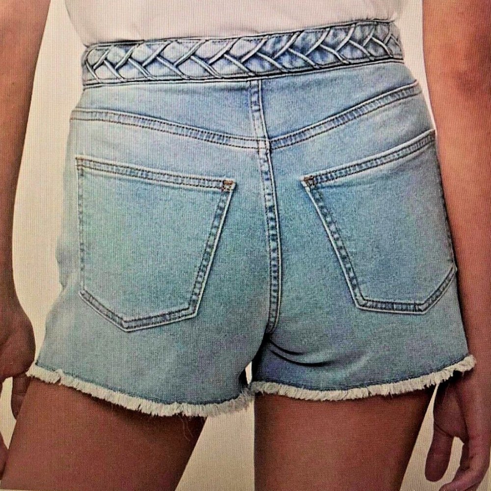 LC Lauren Conrad Crystal Braided High Waist Cut Off Denim Shorts - Picture 3 of 12